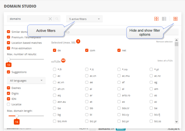 Filter options