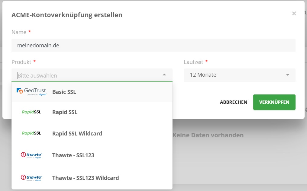 ACME-Kontoverknüpfung erstellen