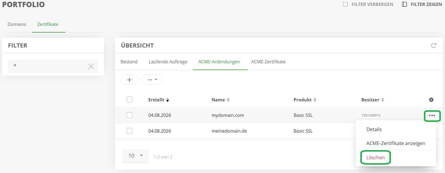 ACME-Kontoverknüpfung löschen