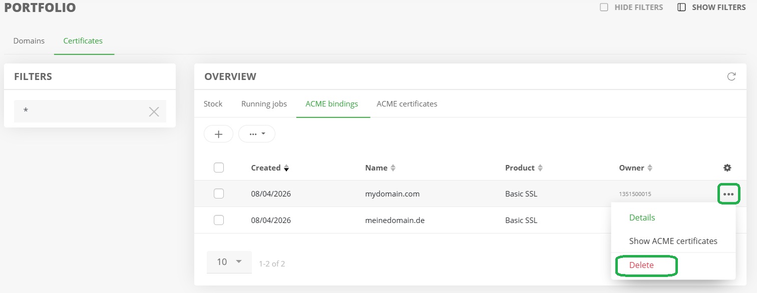 Deleting an ACME account binding