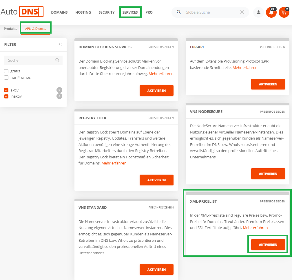 Aktivieren der XML-Preisliste in der AutoDNS Plattform