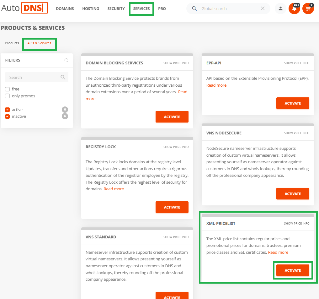 Activation of the XML price list in AutoDNS