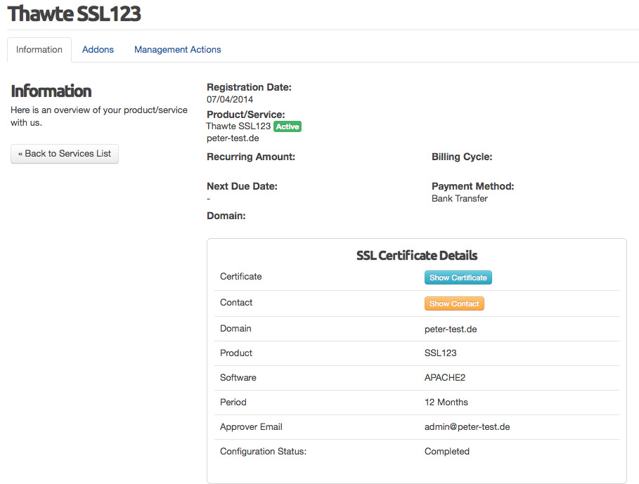 Viewing your newly created TLS/SSL certificate in the client area