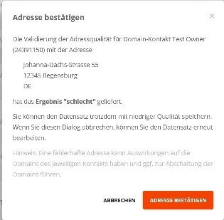Pop-Up zur manuellen Bestätigung bei fehlerhaften Adressen