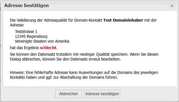 Pop-Up zur manuellen Bestätigung bei fehlerhaften Adressen