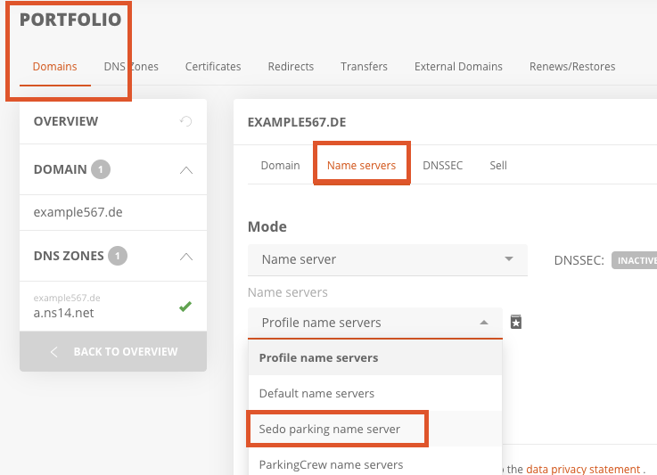 Sedo domain trade via AutoDNS platform: Parking domains at Sedo
