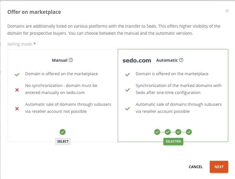 Sedo domain trade via AutoDNS platform: Three important steps after clicking on the Automatic card:
