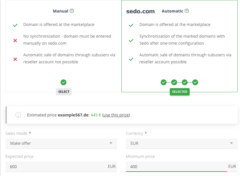 Sedo domain trade via AutoDNS platform: Make Offer - Offer domains on a negotiating basis