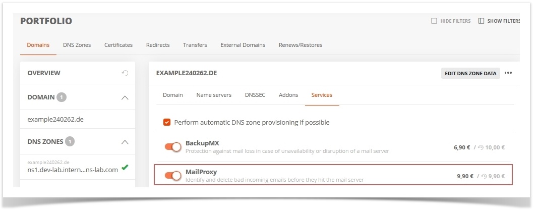 MailProxy: Activate in the shopping cart when ordering a domain.