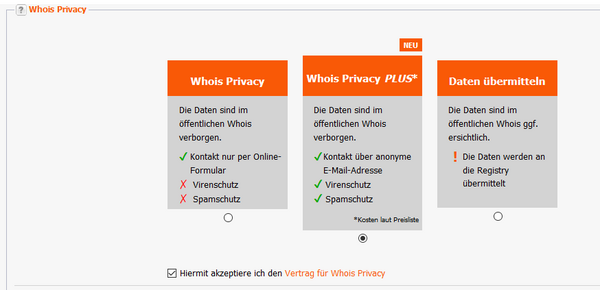 Aktivierung von Whois Privacy und Whois Privacy Plus