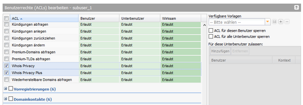 Aktivierung und Deaktivierung von Whois Privacy und Whois Privacy Plus für Unterbenutzer