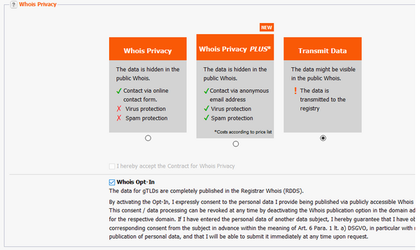 Activation of Whois Privacy and Whois Privacy Plus (2)