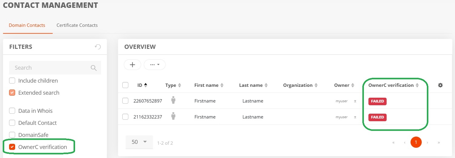 Viewing verifications in the AutoDNS platform (2)