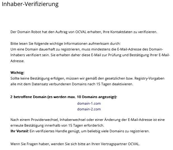Muster der Verifizierungs-E-Mails an den Domain-Inhaber