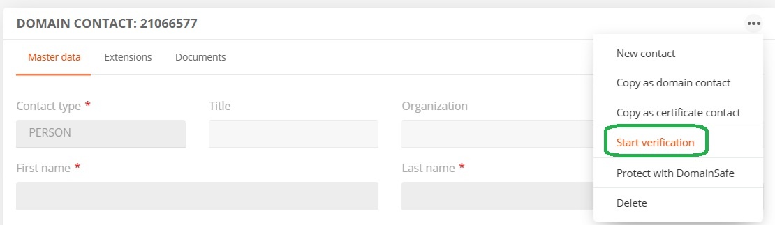 Starting the verification of a contact