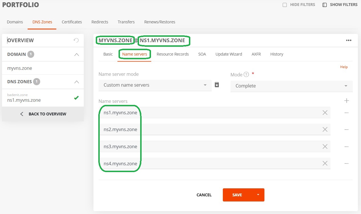 Step 2: Updating the IP addresses of the virtual name servers