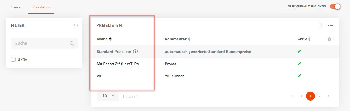 Individuelle Preislisten anzeigen