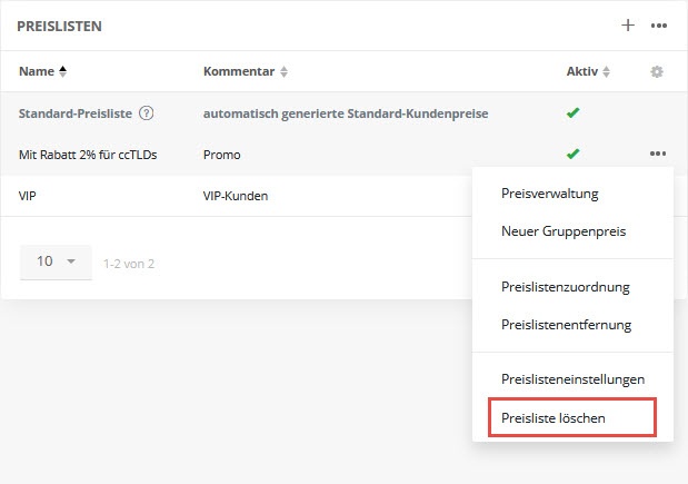 Individuelle Preislisten löschen