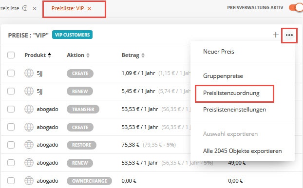 Preislisten im Tab Preisliste zuordnen