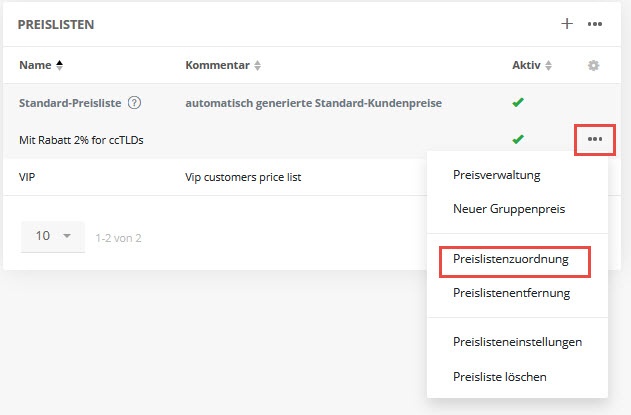 Preislisten im Tab der individuellen Preisliste zuordnen