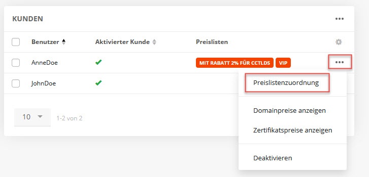 Preisliste im Tab Kunden zuordnen