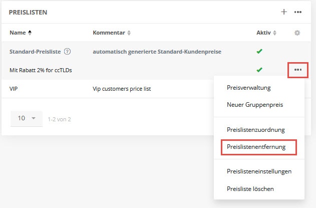 Preisliste im Tab Preislisten entfernen