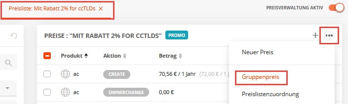 Gruppenpreise löschen