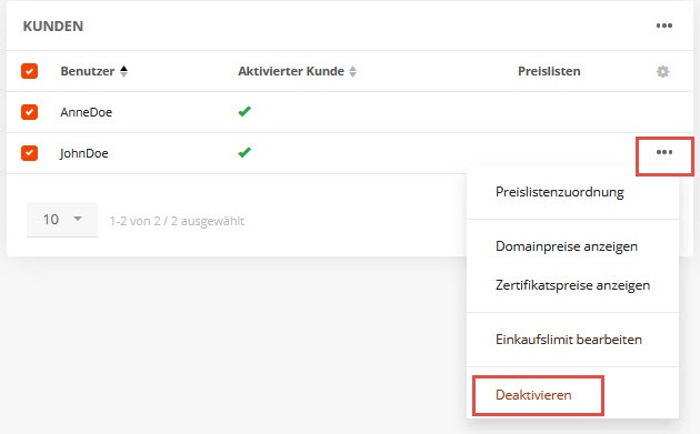 Kunden für die Preisverwaltung deaktivieren