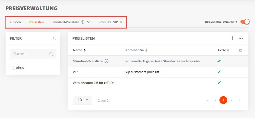 Übersichten für Kunden und alle Preislisten