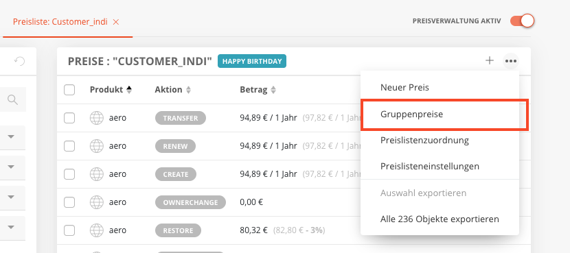 Gruppenpreise für TLD-Gruppen erstellen