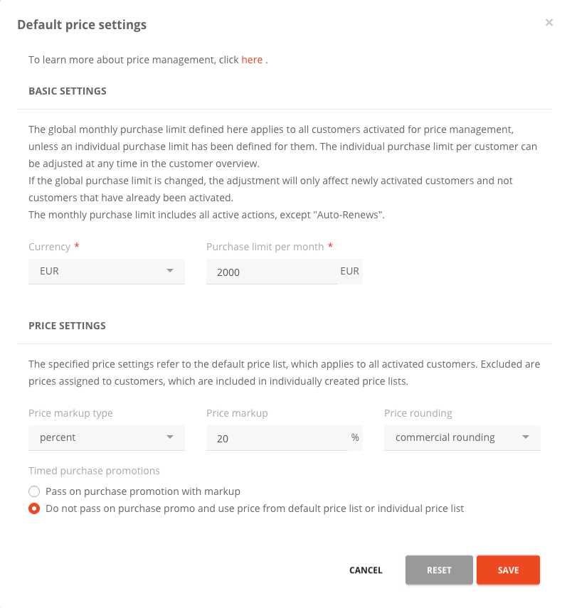 Basic and price settings