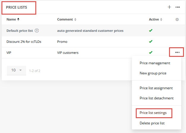 Editing individual price lists