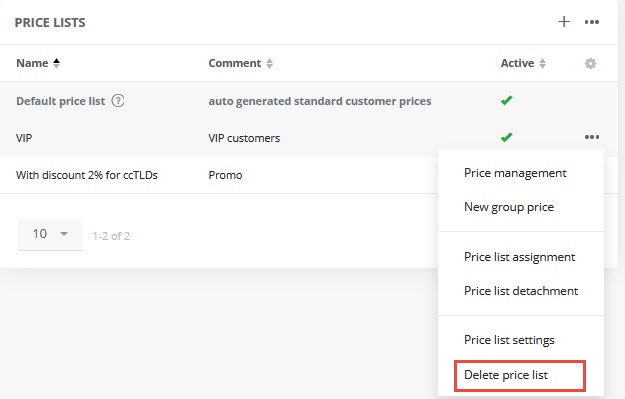 Deleting individual price lists