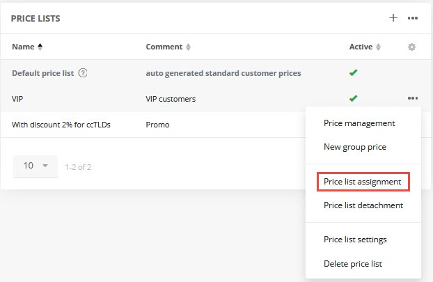 Assigning price lists in the Price list tab