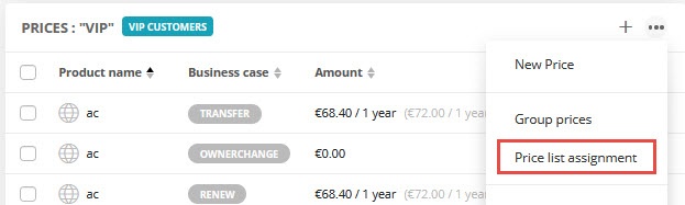 Assigning price lists in the individual price list tab
