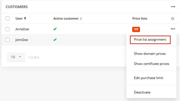 Assigning price lists in the Customers tab