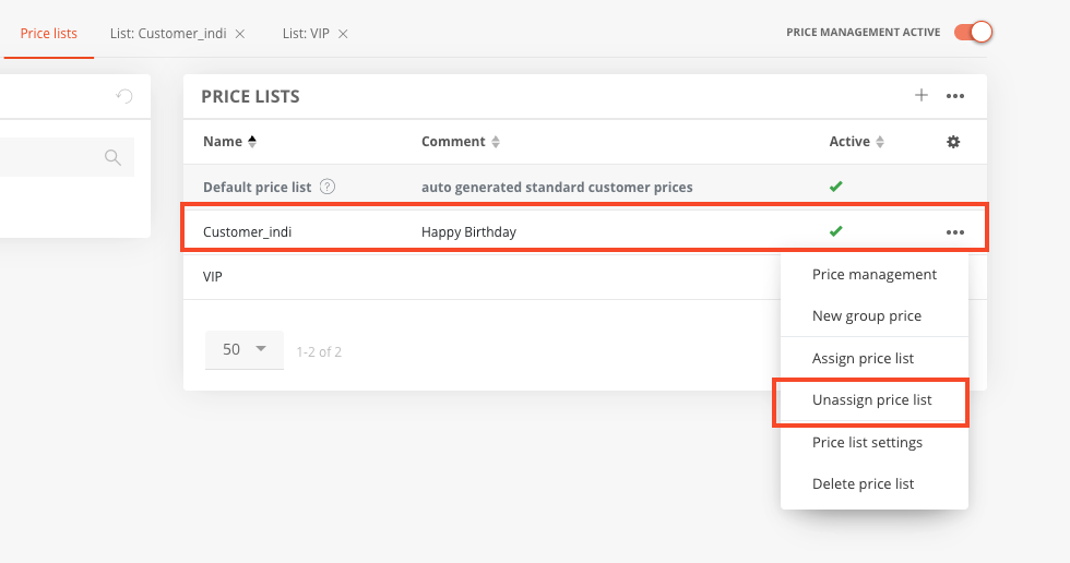 Remove the assignment in the Price lists tab