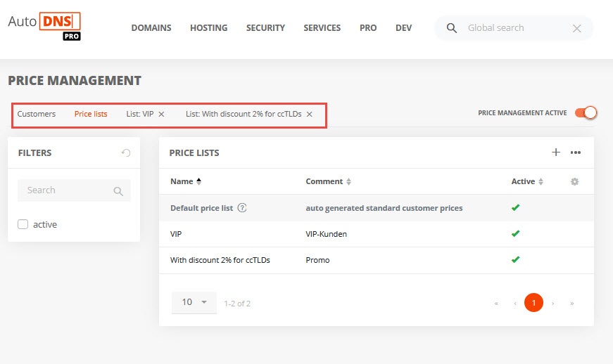 Separate tabs for customers and price list