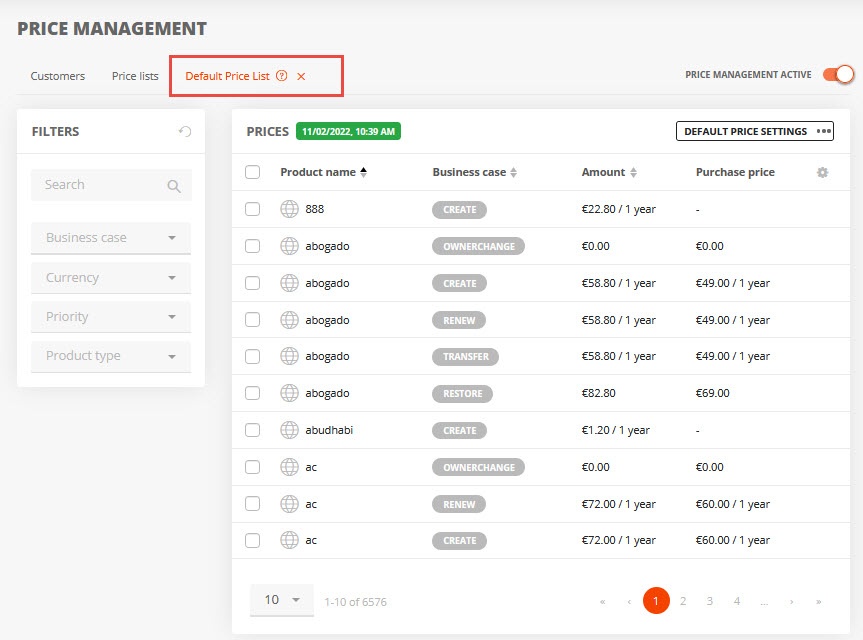 Displaying the default price list