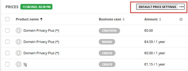 Editing the default price list