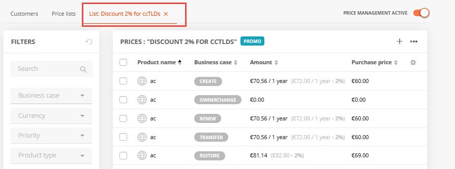 Displaying individual price lists (2)