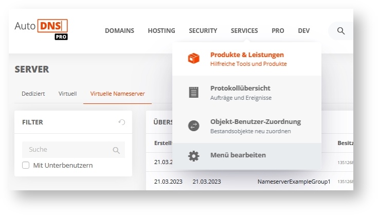 Virtuellen Nameserver (VNS) bestellen