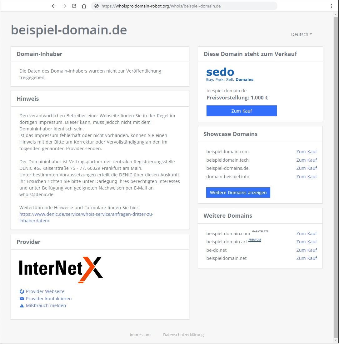 Whois Pro Muster-Seite für .DE