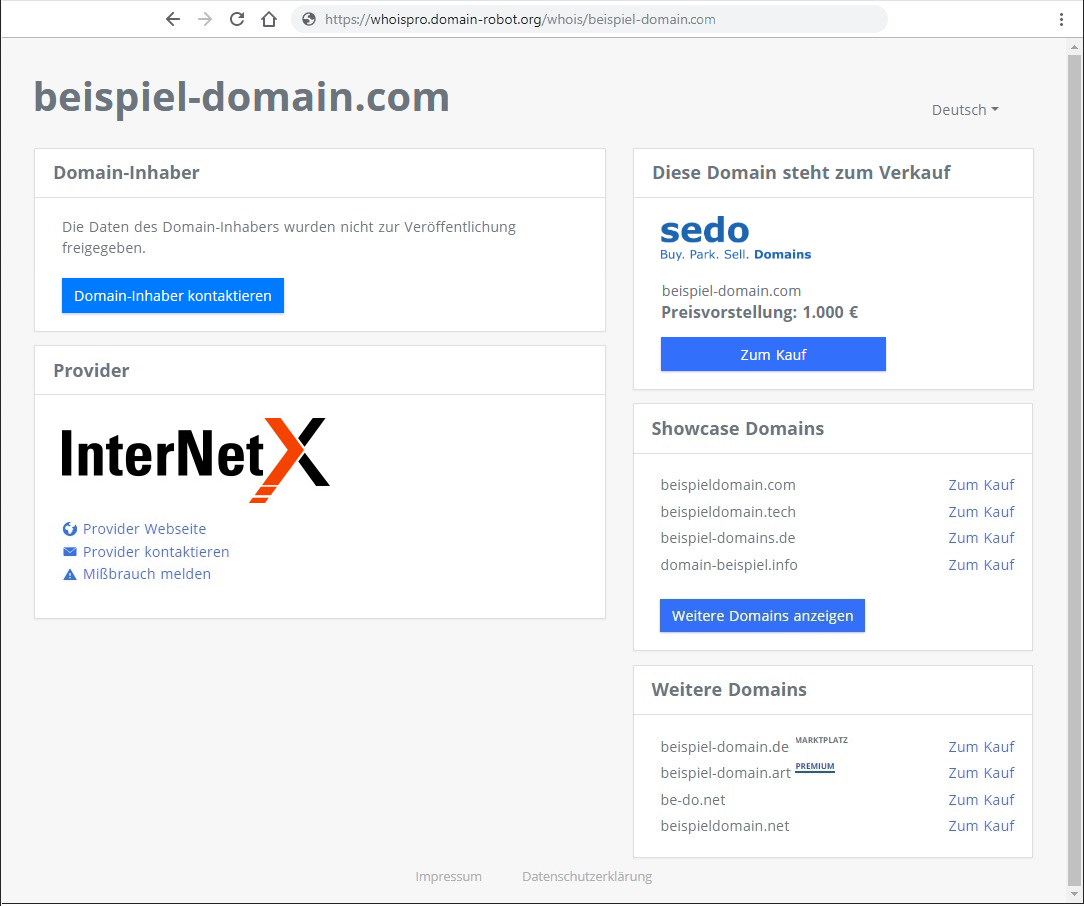 Whois Pro Muster-Seite für gTLDs