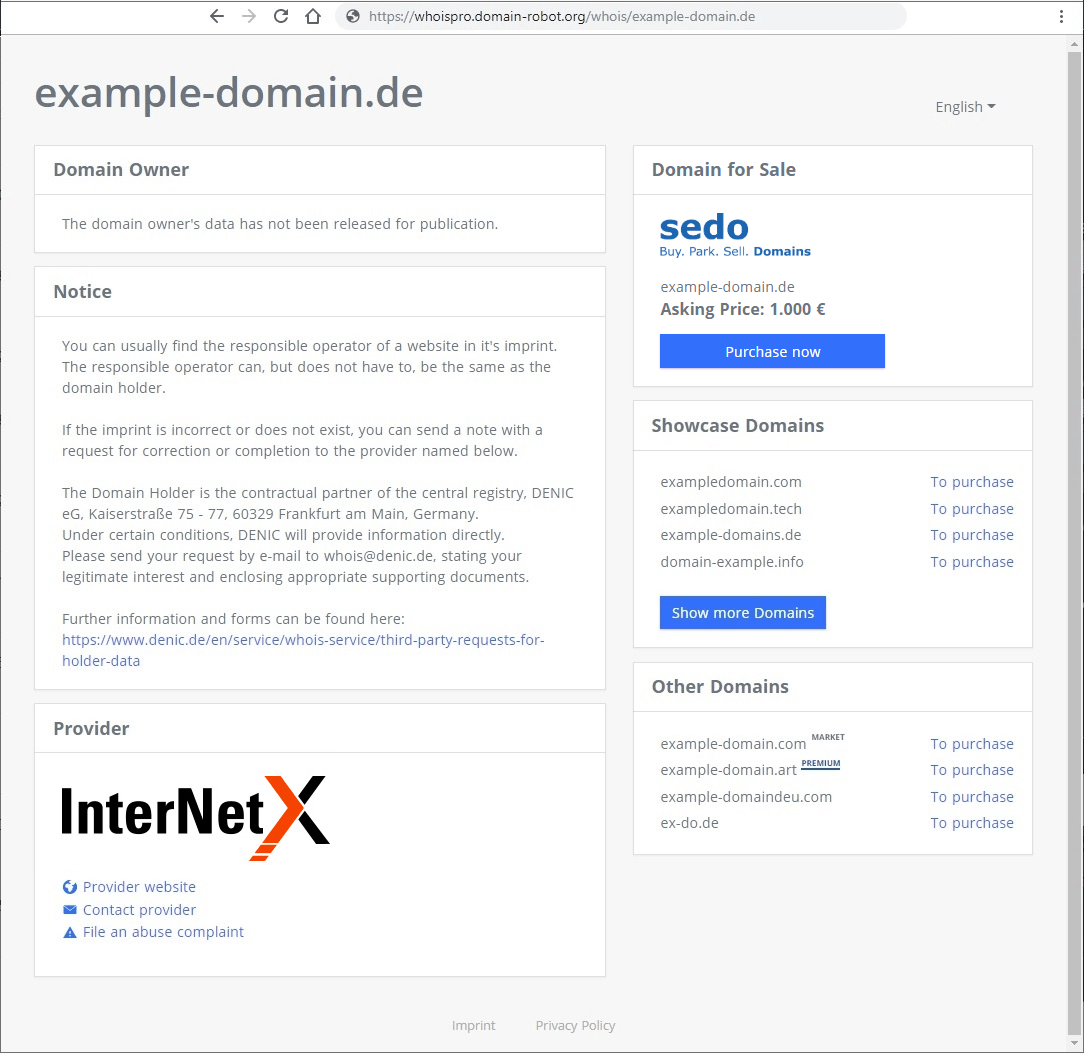 Whois Pro sample page for .DE