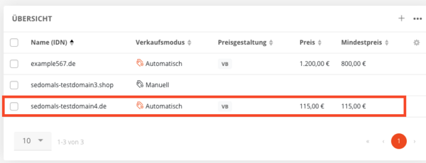 Verkauf im Domain-Marktplatz